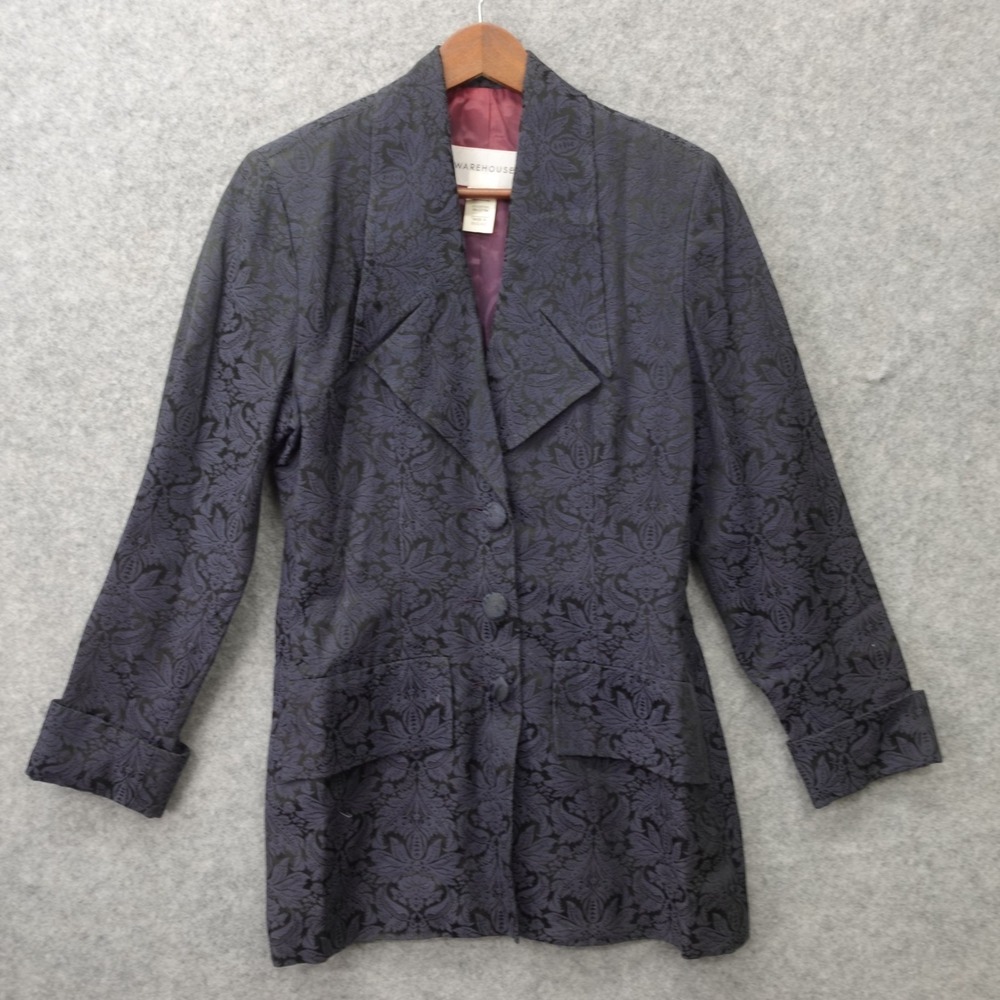 Vintage Damask Blazer Women S 4 Slim Fit Blue WAREHOUSE Work Cuff Jacket ENGLAND